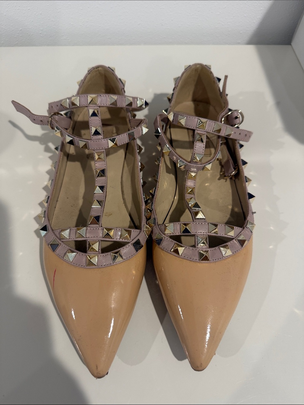 Valentino Garavani Pink and Nude Patent Rockstud Pointed-Toe Flats